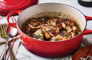 LeCreusetRoundWideDutchOvenWFood Dutch oven with braise