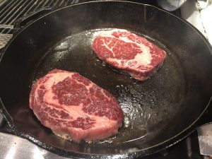 Steaks in Pan Before Flipppping Steaks Added to Pan