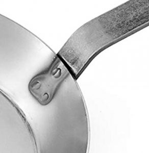 Matfer Bourgeat carbon steel skillet welded handle closeup Matfer Bourgeat carbon steel skillet welded handle closeup