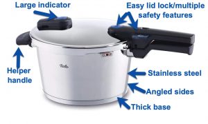 Fissler Vitaquick pressure cooker with callouts Fissler Vitaquick pressure cooker with callouts