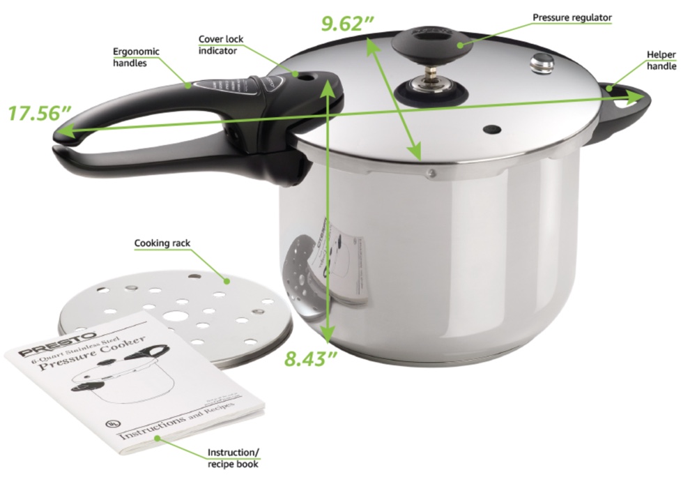 Presto 50 Deluxe pressure cooker with callouts Presto 50 Deluxe pressure cooker with callouts