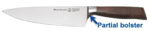 Messermeister knife with partial bolster callout Messermeister knife with partial bolster callout