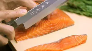 Yoshihiro Hi-Soft cutting board with salmon and Japanese knife Yoshihiro Hi-Soft cutting board with salmon and Japanese knife